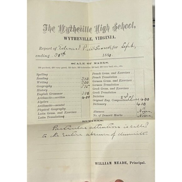 Antique 1880 Wytheville High School Student Report Card William Meade McGavock - Picture 1 of 4